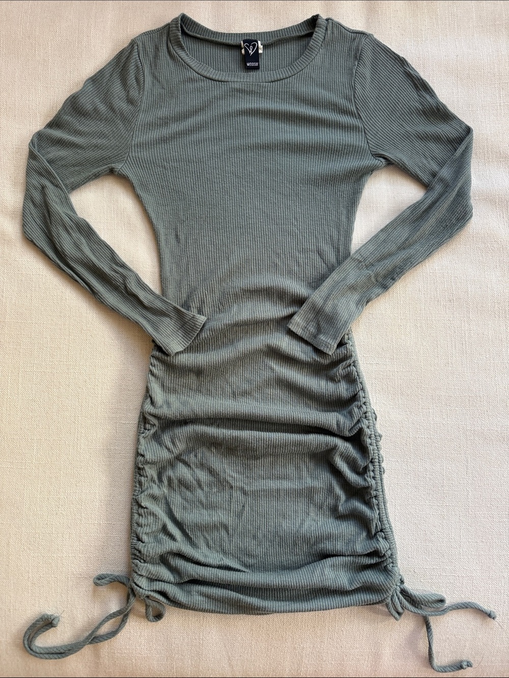 Love Tree Olive Green Ribbed Long Sleeve Ruched Side Dress